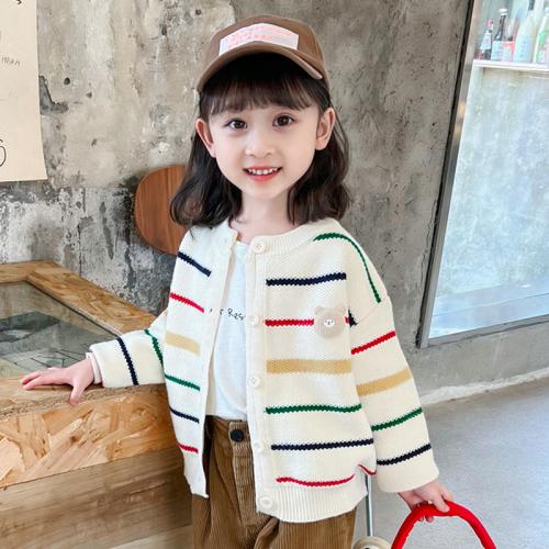 カーディガン キッズ 女の子 かわいい セーター 前開き コート 春秋 もこもこ 暖かい 子供服 ニット カラー ストリップ クマ おしゃれ 白