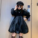 ワンピース 長袖 キッズ 女の子 春秋 パフスリーブ スカート 黒 学生 レディース ふんわり ひざ丈 可愛い ハイネック おしゃれ ハイウエスト