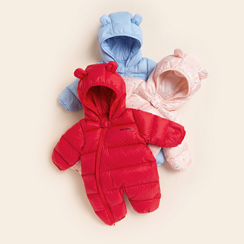 ベビー ジャンプスーツ ダウン コート 冬 新生児 ロンパース ジャンプスーツ 暖かい 防寒 フード付き かわいい 赤 青 ピンク