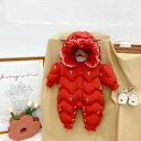 ベビー ジャンプスーツ ダウン 冬 女の子 新生児 姫 カバーオール フリル かわいい フード付き 裏モコ 暖かい ピンク 赤