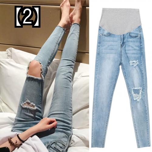 マタニティ デニム スパッツ フィット ストレッチ 妊婦 ウエスト調整 春秋 黒 青 クラッシュ 大きいサイズ