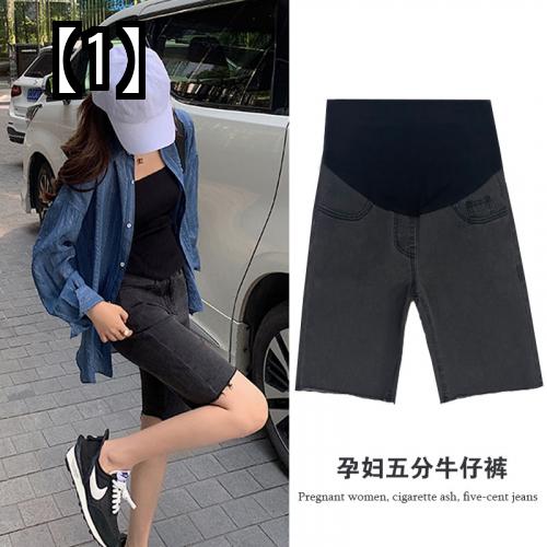 マタニティ デニム ショートパンツ スパッツ フィット ストレッチ 妊婦 夏 薄手 黒 グレー 大きいサイズ