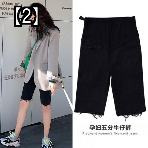 マタニティ デニム ショートパンツ スパッツ フィット ストレッチ 妊婦 夏 薄手 黒 グレー 大きいサイズ