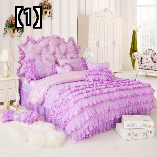 ベッドカバー 冬 セット フリル 姫 ベッドスカート 寝具 レース 綿 サテン ジャガード 白 ピンク 紫 韓国 おしゃれ