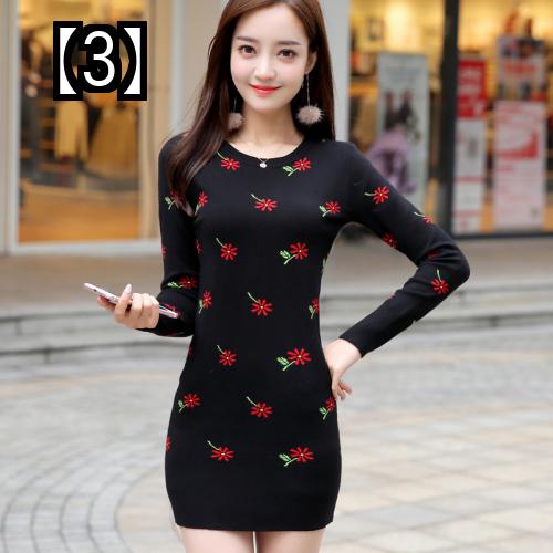 ニットワンピース 春 長袖 レディース シンプル カジュアル 韓国 細身 秋冬 ミニ プルオーバー 薄手 美尻 花柄 黒 学生