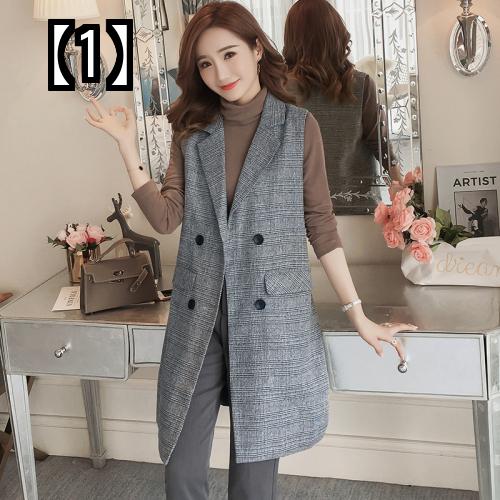 ベスト ジレ レディース おしゃれ 前開き グレー チェック 重ね着 ポケット ボタン 韓国 春秋 襟つき ミドル丈 大きいサイズ