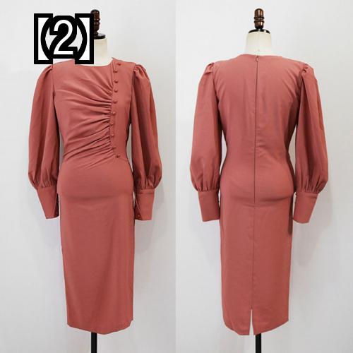 ワンピース 長袖 春秋 レディース パフスリーブ かわいい タイト 膝丈 青 赤 ウエストマーク おしゃれ シンプル 韓国 ドレス パーティー