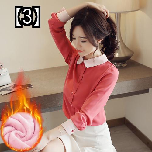 シャツ レディース 長袖 シフォン シャツ 裏起毛 春秋 暖かい レディース 小襟 ボタン シンプル かわいい 赤 青 黄色