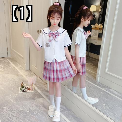 制服 子供 女の子 カジュアル 卒業式 入学式 刺繍 夏 プリーツスカート かわいい ツーピース リボン チェック柄 ピンク 紫