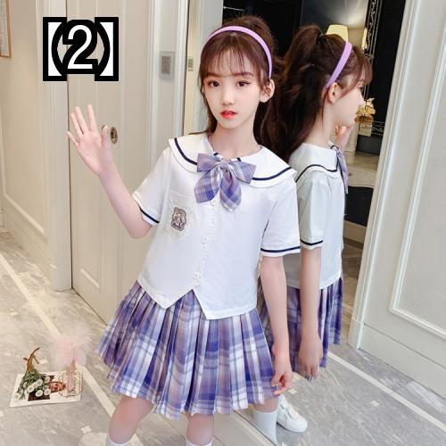 制服 子供 女の子 カジュアル 卒業式 入学式 刺繍 夏 プリーツスカート かわいい ツーピース リボン チェック柄 ピンク 紫