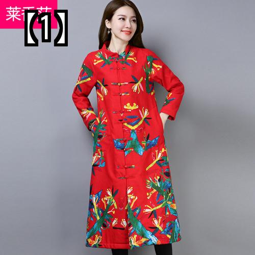 コート レディース エスニック 秋冬 アウター おしゃれ 中華風 スタンドカラー ボタン ロング丈 薄手 綿 麻 裏起毛 赤 緑 ネイビー 暖かいのサムネイル