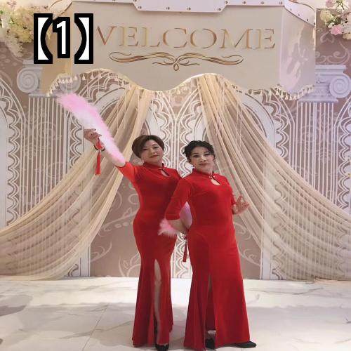 女性レトロロングドレス　キャットウォークチャイナドレス　ベルベットワンピース　ダンストレーニングパフォーマンスコスチューム