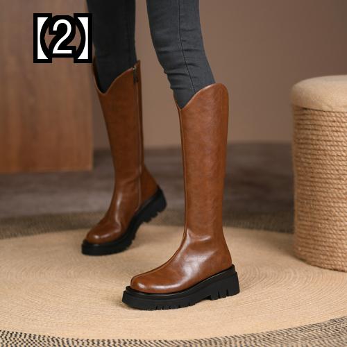 ウエスタンブーツ ジッパーブーツ ファスナー サイドジッパー 厚底 レザーブーツ ラウンドトゥ ウィンターブーツ ライディングブーツ ニーハイブーツ