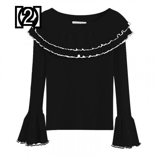 レディース ファッション フリル ニット セーター ワンショルダー セーター プルオーバー オフショルダー コントラスト カラー フレア スリーブ ボトミング シャツ