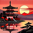 タロットクロス 新年 お正月 成人式 タペストリー 和風 日本画風 浮世絵風 祭壇 初日の出 富士山 正方形 占い 神秘的 赤 オレンジ