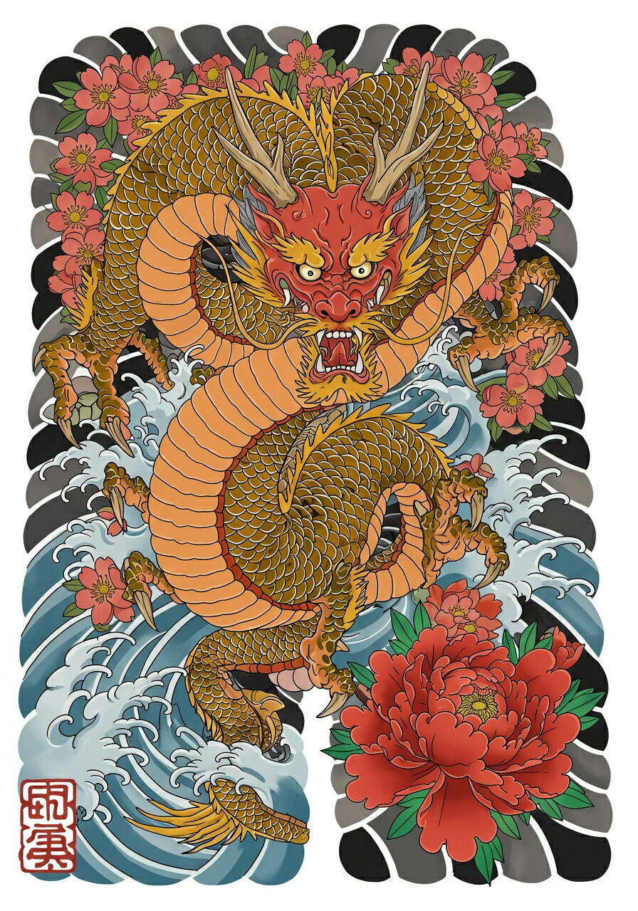 タペストリー 和モダン 和柄 浮世絵風 壁掛け 大判 壁布 インテリア かっこいい 部屋 アート グラフィック 昭和レトロ 撮影背景 華やか 布 赤 オレンジ 黄色 龍 竜 花 波 牡丹(3)