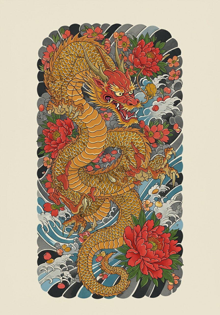 タペストリー 和モダン 和柄 浮世絵風 壁掛け 大判 壁布 インテリア かっこいい 部屋 アート グラフィック 昭和レトロ 撮影背景 華やか 布 赤 オレンジ 黄色 龍 牡丹 波 雲 幸運