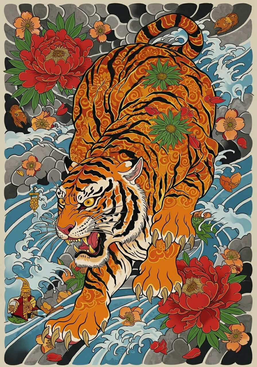 虎 花 波 侍 伝統 タペストリー 和モダン 和柄 浮世絵風 刺青風 昭和レトロ 壁掛け 大判 長方形 タトゥー ジャパニーズ 男気 アウトロー 壁布 オレンジ 黒 赤(3)