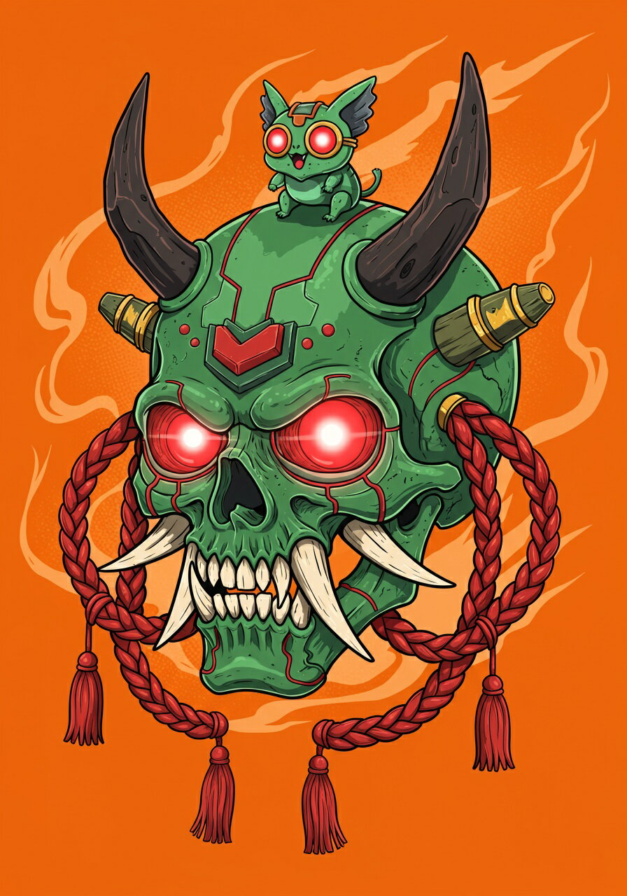 髑髏 鬼 猫 提灯 炎 タペストリー 和モダン 和柄 浮世絵風 刺青風 昭和レトロ 壁掛け 大判 長方形 タトゥー ジャパニーズ 男気 アウトロー 壁布 オレンジ 緑 赤