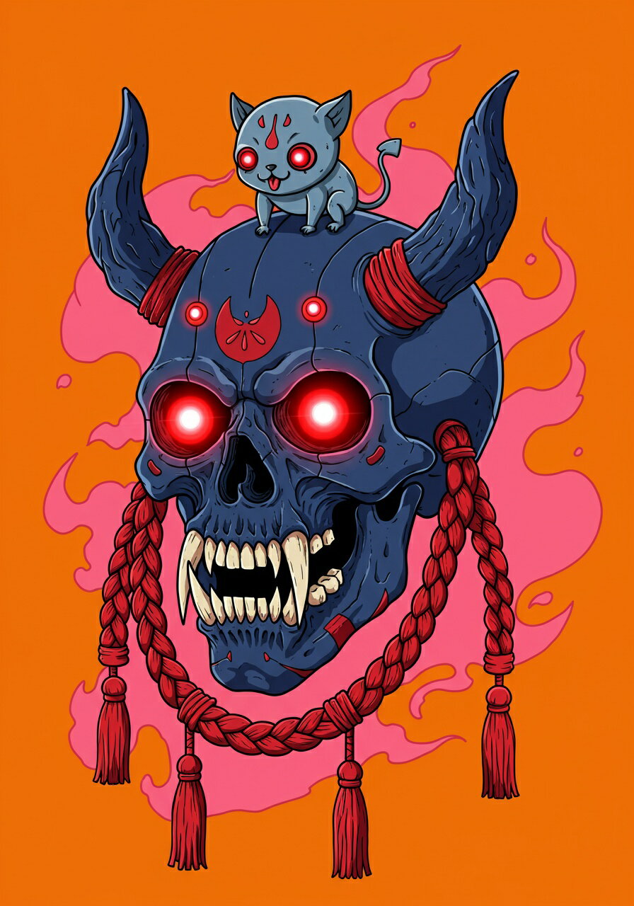 髑髏 鬼 猫又 炎 魔力 タペストリー 和モダン 和柄 浮世絵風 刺青風 昭和レトロ 壁掛け 大判 長方形 タトゥー ジャパニーズ 男気 アウトロー 壁布 青 赤 ピンク