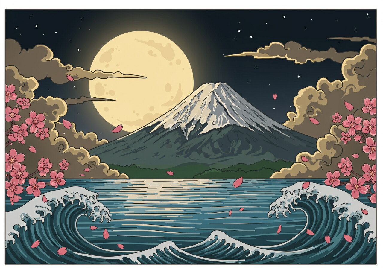 富士山 月 波 桜 雲 タペストリー 和モダン 和柄 浮世絵風 刺青風 昭和レトロ 壁掛け 大判 長方形 タトゥー ジャパニーズ 男気 アウトロー 壁布 紺 白 グレー