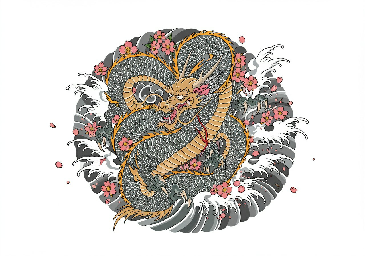 龍 桜 波 鱗 爪 タペストリー 和モダン 和柄 浮世絵風 刺青風 昭和レトロ 壁掛け 大判 長方形 タトゥー ジャパニーズ 男気 アウトロー 壁布 グレー オレンジ ピンク(3)