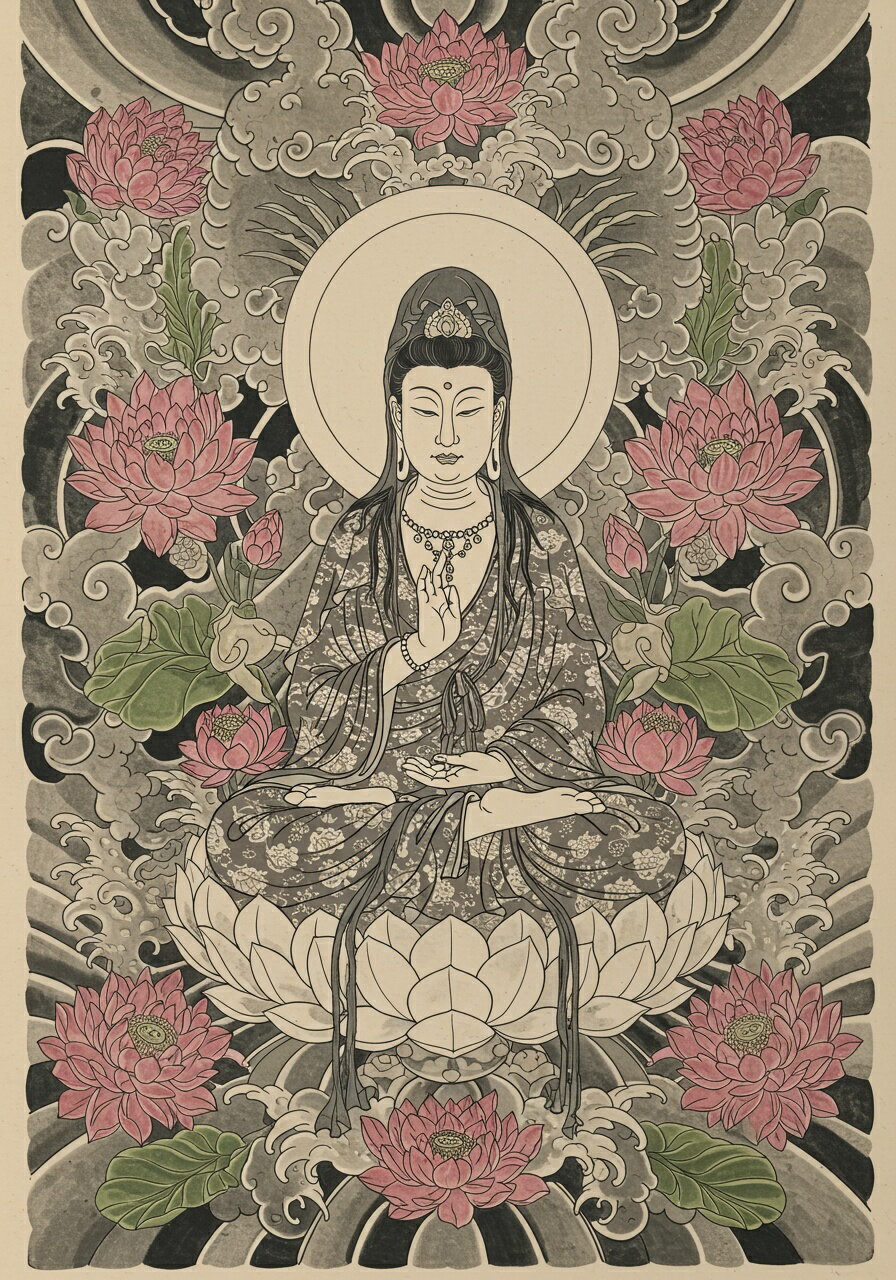 仏陀 蓮 悟り 瞑想 平和 タペストリー 和モダン 和柄 浮世絵風 刺青風 昭和レトロ 壁掛け 大判 長方形 タトゥー ジャパニーズ 男気 アウトロー 壁布 白 ピンク グレー