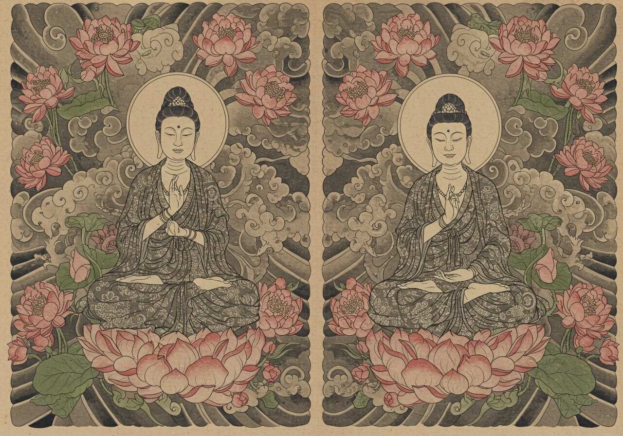仏陀 蓮 悟り 平和 瞑想 タペストリー 和モダン 和柄 浮世絵風 刺青風 昭和レトロ 壁掛け 大判 長方形 タトゥー ジャパニーズ 男気 アウトロー 壁布 ベージュ ピンク グレー