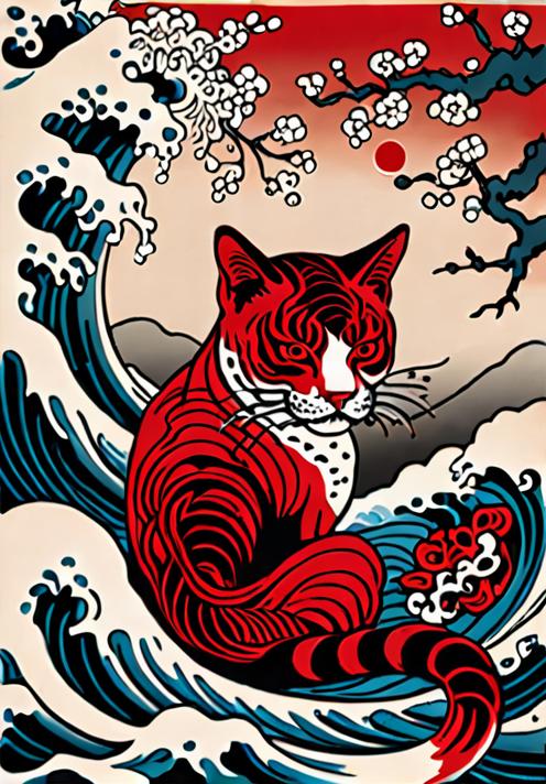 猫 波 桜 月 浮世絵 タペストリー 和モダン 和柄 浮世絵風 刺青風 昭和レトロ 壁掛け 大判 長方形 タトゥー ジャパニーズ 男気 アウトロー 壁布 赤 白 黒