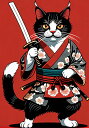 猫 侍 武士道 着物 日本刀 タペストリー 和モダン 和柄 浮世絵風 刺青風 昭和レトロ 壁掛け 大判 長方形 タトゥー ジャパニーズ 男気 アウトロー 壁布 赤 黒 白(3)