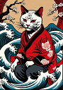 猫 着物 波 桜 浮世絵 タペストリー 和モダン 和柄 浮世絵風 刺青風 昭和レトロ 壁掛け 大判 長方形 タトゥー ジャパニーズ 男気 アウトロー 壁布 白 赤 黒(3)