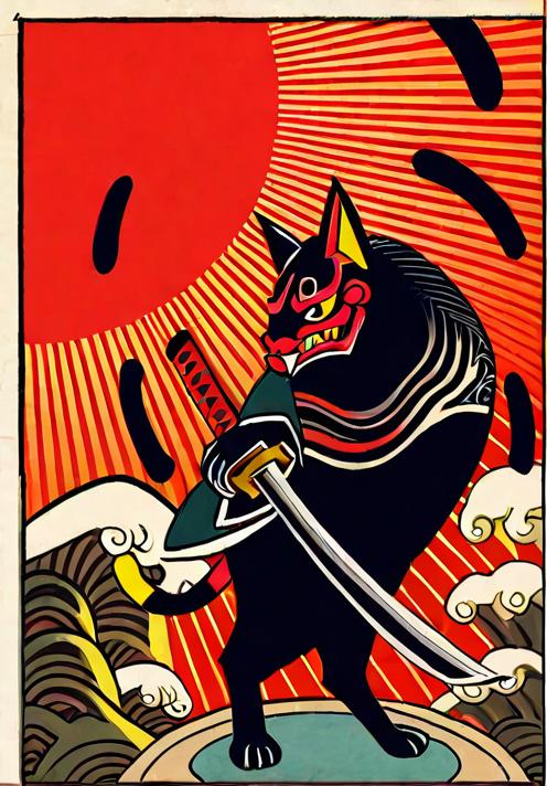 狐 侍 日本刀 太陽 波 タペストリー 和モダン 和柄 浮世絵風 刺青風 昭和レトロ 壁掛け 大判 長方形 タトゥー ジャパニーズ 男気 アウトロー 壁布 赤 黒 黄色