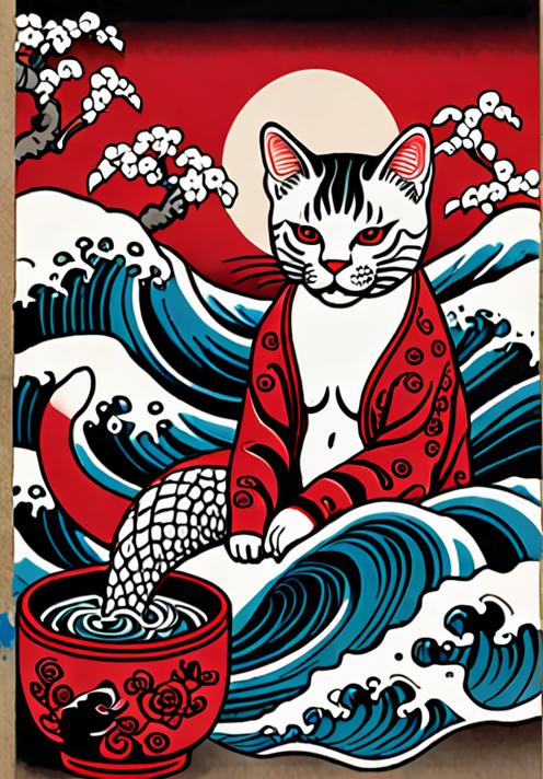 猫又 波 月 着物 桜 タペストリー 和モダン 和柄 浮世絵風 刺青風 昭和レトロ 壁掛け 大判 長方形 タトゥー ジャパニーズ 男気 アウトロー 壁布 赤 白 黒