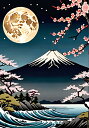 月 富士山 桜 波 夜 タペストリー 和モダン 和柄 浮世絵風 刺青風 昭和レトロ 壁掛け 大判 長方形 タトゥー ジャパニーズ 男気 アウトロー 壁布 紺 白 ピンク