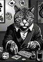 猫 スーツ カード ダイス タトゥー タペストリー 和モダン 和柄 浮世絵風 刺青風 昭和レトロ 壁掛け 大判 長方形 ジャパニーズ 男気 アウトロー 壁布 黒 白 グレー(3)