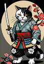猫 侍 着物 刀 花 タペストリー 和モダン 和柄 浮世絵風 刺青風 昭和レトロ 壁掛け 大判 長方形 タトゥー ジャパニーズ 男気 アウトロー 壁布 黒 白 グレー(3)
