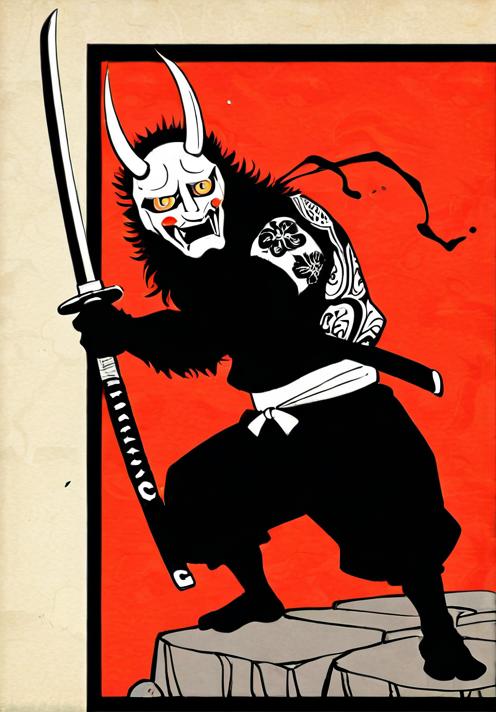 鬼 武士 刀 刺青 侍 タペストリー 和モダン 和柄 浮世絵風 刺青風 昭和レトロ 壁掛け 大判 長方形 タトゥー ジャパニーズ 男気 アウトロー 壁布 赤 黒 白