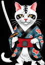 猫 侍 武士道 着物 日本刀 タペストリー 和モダン 和柄 浮世絵風 刺青風 昭和レトロ 壁掛け 大判 長方形 タトゥー ジャパニーズ 男気 アウトロー 壁布 白 黒 赤(3)