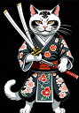 猫 侍 刀 着物 花 タペストリー 和モダン 和柄 浮世絵風 刺青風 昭和レトロ 壁掛け 大判 長方形 タトゥー ジャパニーズ 男気 アウトロー 壁布 白 黒 赤(3)