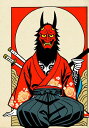 鬼 侍 武士道 日本刀 着物 タペストリー 和モダン 和柄 浮世絵風 刺青風 昭和レトロ 壁掛け 大判 長方形 タトゥー ジャパニーズ 男気 アウトロー 壁布 赤 黒 白(3)