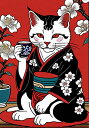 猫 着物 花 日本文化 縁起物 タペストリー 和モダン 和柄 浮世絵風 刺青風 昭和レトロ 壁掛け 大判 長方形 タトゥー ジャパニーズ 男気 アウトロー 壁布 赤 白 黒(3)