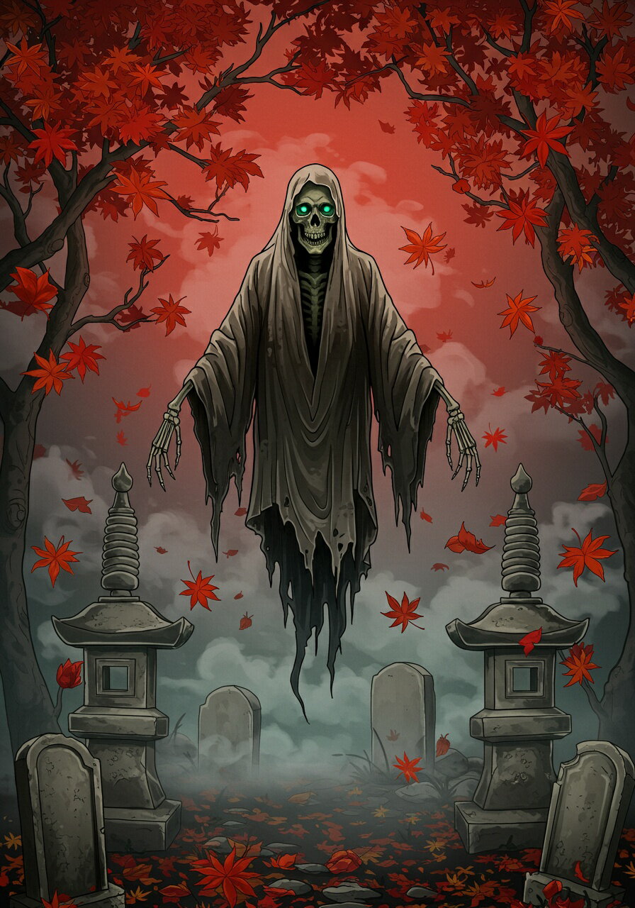 幽霊 墓地 紅葉 灯篭 死 タペストリー 和モダン 和柄 浮世絵風 刺青風 昭和レトロ 壁掛け 大判 長方形 タトゥー ジャパニーズ 男気 アウトロー 壁布 赤 グレー 黒