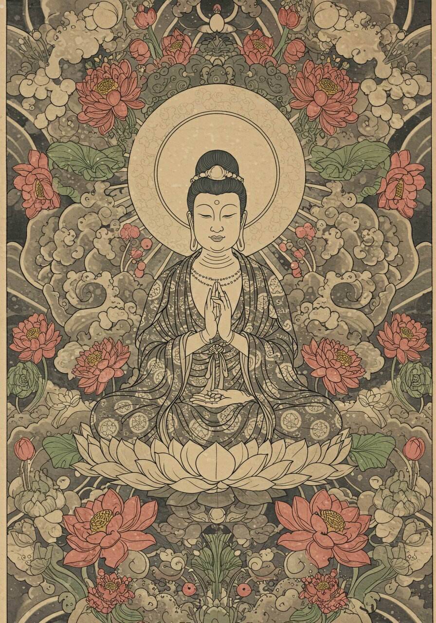 仏陀 蓮 悟り 平和 瞑想 タペストリー 和モダン 和柄 浮世絵風 刺青風 昭和レトロ 壁掛け 大判 長方形 タトゥー ジャパニーズ 男気 アウトロー 壁布 ベージュ ピンク グレー