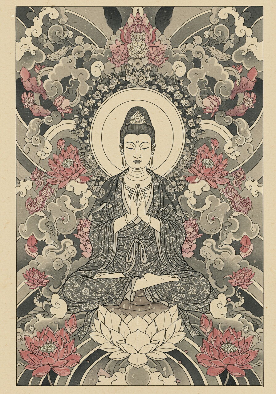 仏陀 蓮 悟り 平和 瞑想 タペストリー 和モダン 和柄 浮世絵風 刺青風 昭和レトロ 壁掛け 大判 長方形 タトゥー ジャパニーズ 男気 アウトロー 壁布 グレー ピンク ベージュ