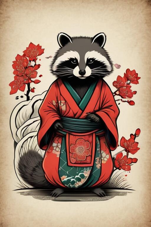 アライグマ 着物 花 日本画 桜 タペストリー 和柄 和風 大きい 男気 日本画風 入れ墨風 アウトロー 縦型 縦配信 大自然 インテリア 撮影背景 壁掛け 大判 長方形 壁布 赤 黒 白