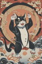 猫 招き猫 幸運 繁栄 商売繁盛 タペストリー 和柄 和風 大きい 男気 日本画風 入れ墨風 アウトロー 縦型 縦配信 大自然 インテリア 撮影背景 壁掛け 大判 長方形 壁布 黒 白 オレンジ(3)