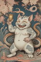 猫又 酒 妖怪 刺青 花 タペストリー 和柄 和風 大きい 男気 日本画風 入れ墨風 アウトロー 縦型 縦配信 大自然 インテリア 撮影背景 壁掛け 大判 長方形 壁布 白 グレー ピンク(3)