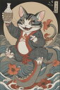 猫 招き猫 酒 花 波 タペストリー 和柄 和風 大きい 男気 日本画風 入れ墨風 アウトロー 縦型 縦配信 大自然 インテリア 撮影背景 壁掛け 大判 長方形 壁布 白 グレー 赤(3)