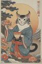 猫 着物 月 花 茶碗 タペストリー 和柄 和風 大きい 男気 日本画風 入れ墨風 アウトロー 縦型 縦配信 大自然 インテリア 撮影背景 壁掛け 大判 長方形 壁布 グレー 白 青(3)