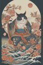 猫 着物 花 波 月 タペストリー 和柄 和風 大きい 男気 日本画風 入れ墨風 アウトロー 縦型 縦配信 大自然 インテリア 撮影背景 壁掛け 大判 長方形 壁布 白 黒 オレンジ(3)
